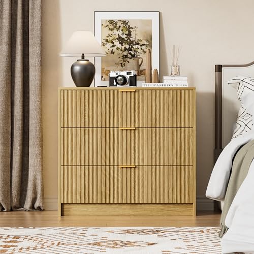 Image of Furniway Fluted Nightstands Set of 2, 31.5 inch Large Bedside Tables with 3 Drawers, Modern Wood Night Stands with Storage for Bedroom, Natural Oak