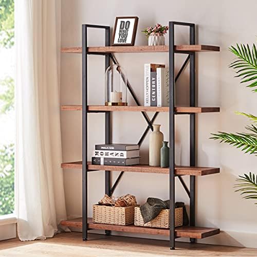 HSH Natural Real Wood Bookshelf, 4 Tier Rustic Vintage Industrial Etagere Bookcase, Open Metal Farmhouse Solid Wooden Book Shelf, Distressed Brown