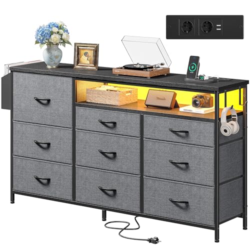 9 Tiroirs Commode Chambre Adulte, 133*91.5*30cm, Commode Rangement avec 2 Prises et 2 Ports USB, Bande LED 40 Effets Couleur,1 Poche Latérale et 2 Crochets,Convient à Chambre,Salon et Entrée,Noir-Gris
