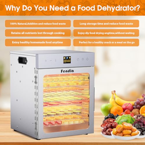 Food Dehydrator for Jerky, 12 Stainless Steel Trays, 1200W Fruit Dehydrator, 24H Timer and 190°F Temperature Control, Overheat Protection, Food Dryer for Jerky, Herbs, Fruit, Dog Treats