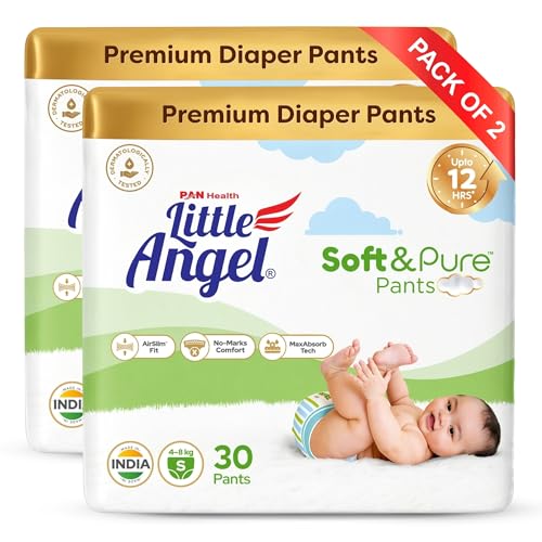 Image of Little Angel Soft & Pure Premium Baby Diaper Pants | Small (S) - 60 Count (4-8 Kgs) | With BreathableAir Layers for Rash-Free Comfort, Lightweight AirSlim Fit, No-Marks Soft Waistband, MaxAbsorb Dry Protection & Calendula Extracts for Baby's Soft Delicate Skin