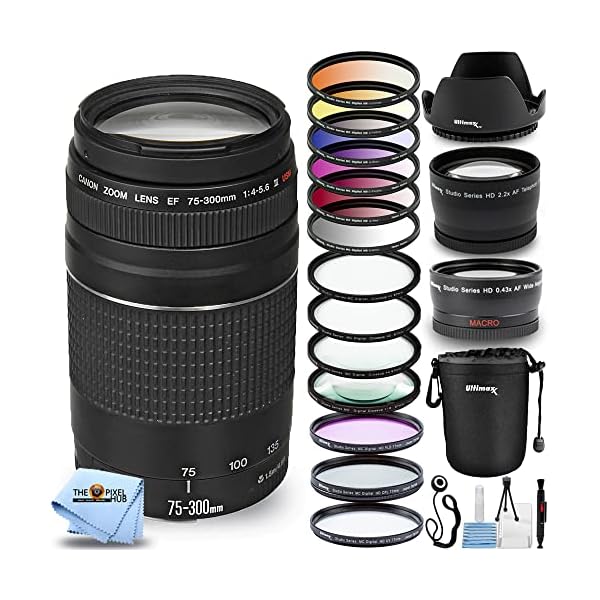 Ultimaxx Bundle with Canon EF 75-300mm f/4-5.6 III Lens, 3 Filter Kits, Telephoto and Wide Angle Lens, Lens Pouch, Tulip Hood Lens + Much More (Black) [International Version]