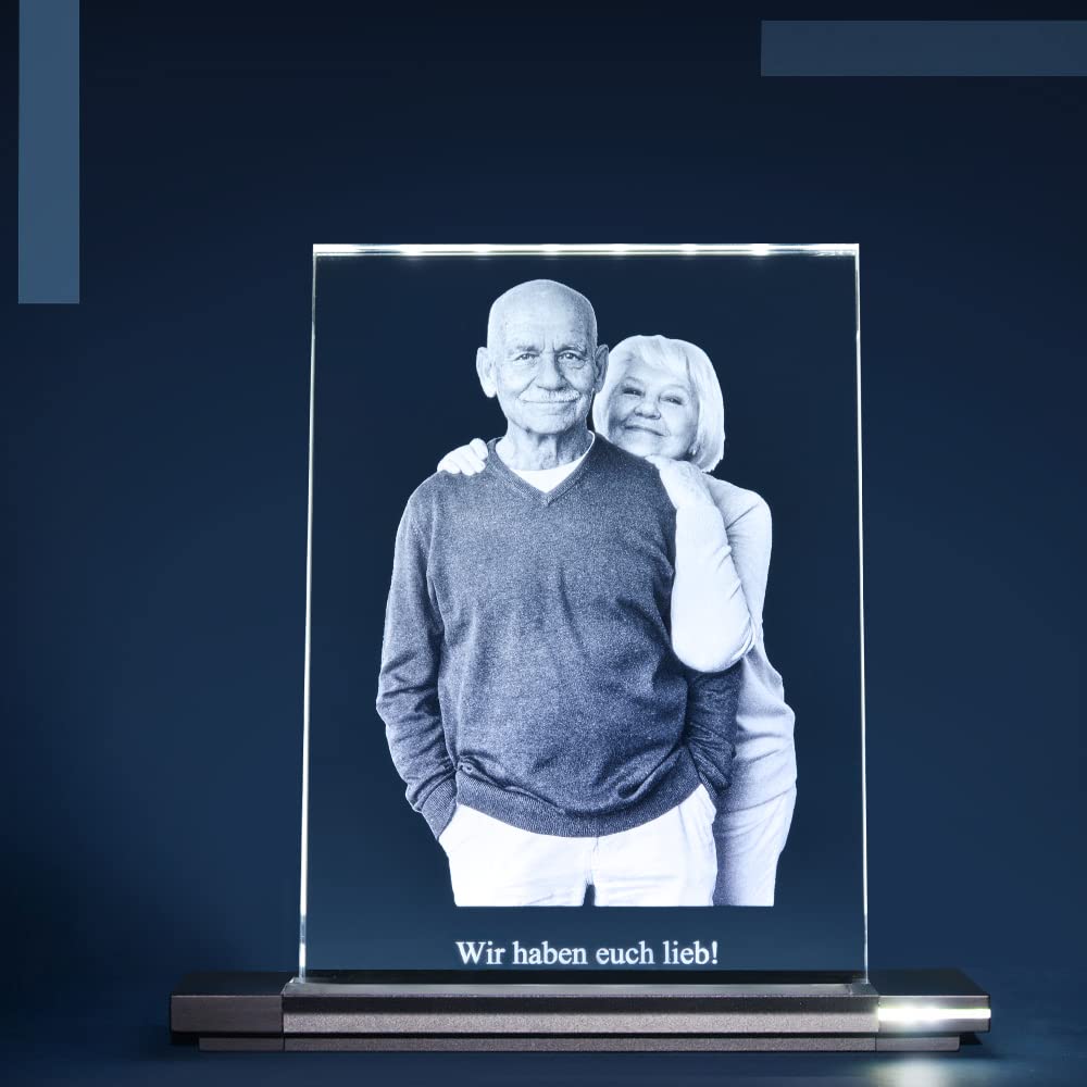 LOOXIS Photo en Verre Avec Socle Lumineux - Votre Propre Image Gravée au Laser Dans du Véritable Verre Viamant - Cadeau Personnalisé (L Portrait)