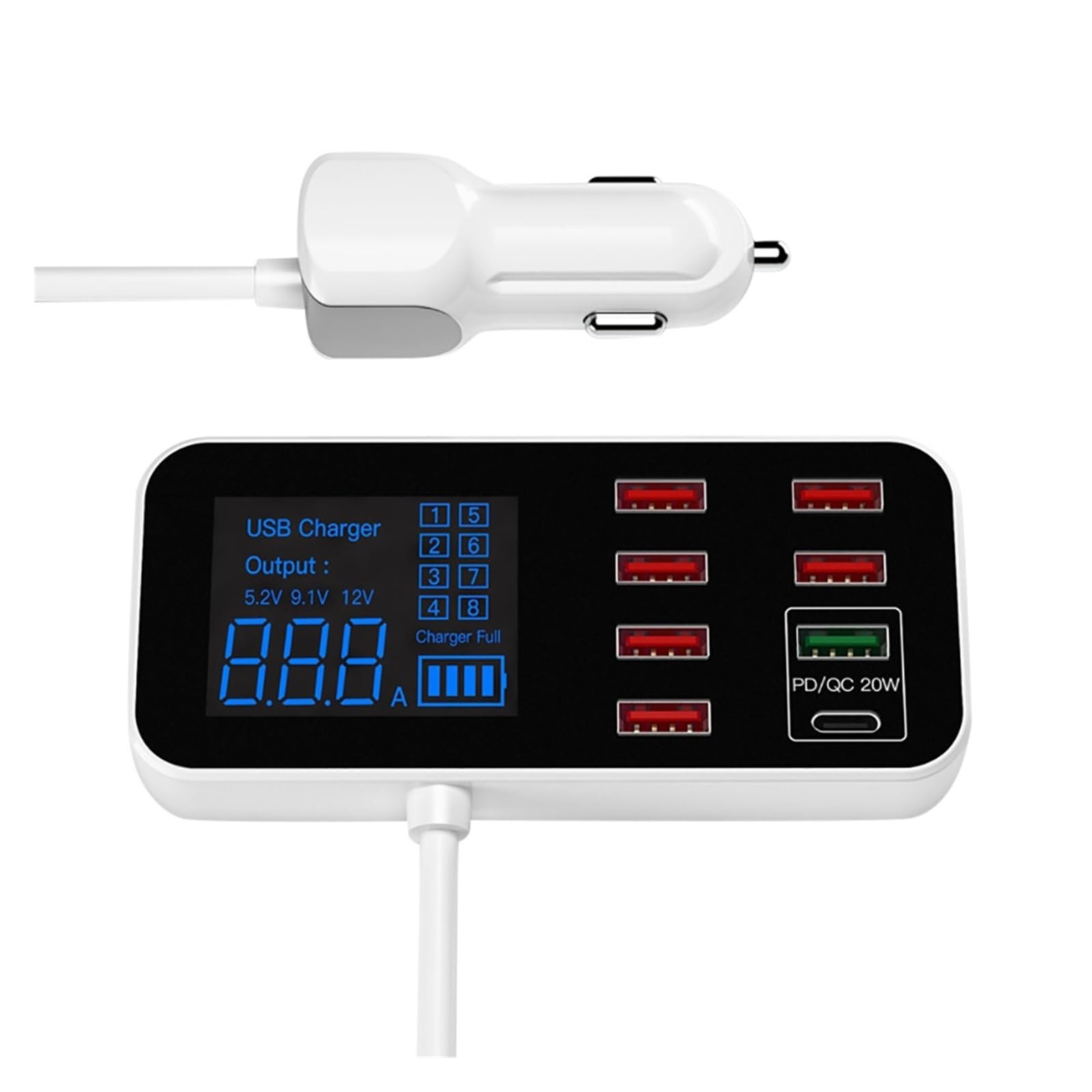 Wieloportowa ładowarka USB 8-portowa stacja ładująca do zapalniczki samochodowej z wyświetlaczem LCD Ultracienka ładowarka samochodowa Uniwersalna kompatybilność