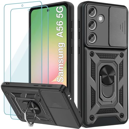 Yohii Cover per Samsung Galaxy A56 5G, Con 2 Pack Vetro Temperato, 360° Metallo Anello Supporto Silicone Antiurto Custodia Robusta, Con Cavalletto E Protezione Schermo Integrata -Nero