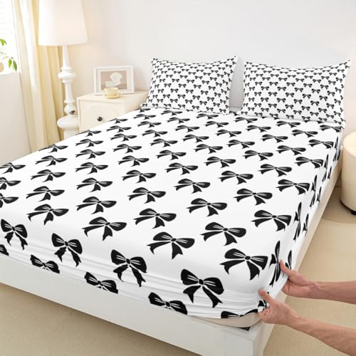 Bowknot Kids Fitted Sheet Full Size,Cartoon Bowknot Girlish Bedding Set,Girls Boys Adults Room Decor,Cute Princess Style Bed Cover,Black White Fashion Bed Sheet,2 Pillowcases