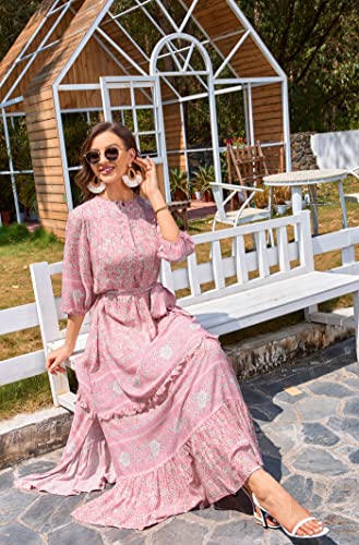 Image of Women Boho High-Waist Floral Print Maxi Dress 3 /4 Sleeve Casual | Soft Rayon, Breathable, Quick-Dry. High-Waist with Adjustable Belt, Flattering Hem. Ideal for Beach, Work & Dating.