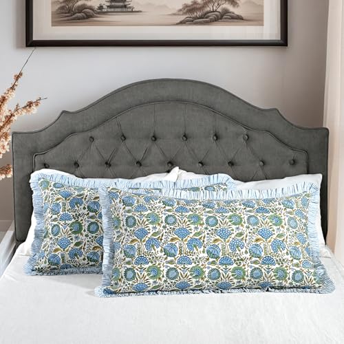 Ridhi Asparagus Green 100% Cotton Block Print Ruffle Bed Sham
