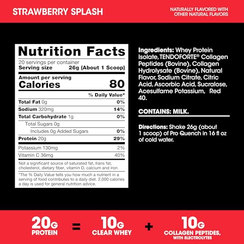 Image of Optimum Nutrition Pro Quench, 10g Clear Protein, 10g Collagen peptides & Electrolyte Powder Drink Mix, Strawberry, 20 Servings, 520 Grams (Packaging May Vary) | Clear Whey Protein & Collagen Peptides Sports Drink Mix with Electrolytes, No Added Sugar, No Artificial Flavors, Easy Mixing