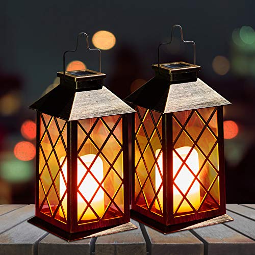 2 Pack Solar Lanterns, OxyLED Solar Lights Outdoor, LED Hanging Lanterns Solar Powered with Handle, Waterproof Flickering Flameless Candle Mission Lights for Table Garden Patio Pathway Christmas