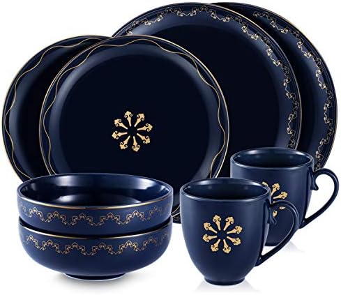 Blue and Gold Dinnerware Set,High Class Porcelain Dinnerware Set | Gold Banded Elegant Deep Blue China | Microwavable Dishwasher Safe (8 Pieces with Mug)