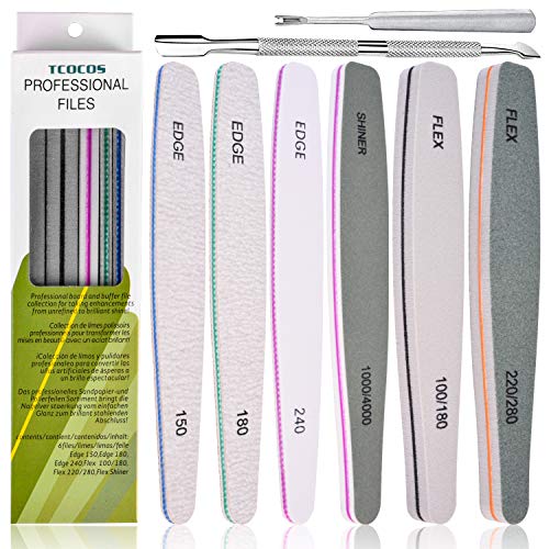 Nail Files, 8PCS Emery Boards for Nails with Stainless Steel Cuticle Pusher and Dead Skin Fork for Acrylic Natural Gel Nails (100 150 180 240 220 280 1000 4000 Grit)