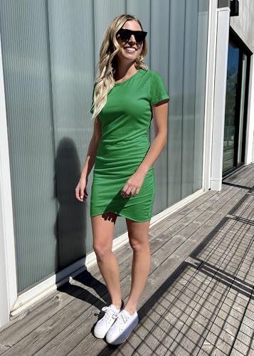 Image of BTFBM Women's Summer Dresses 2026 Casual Bodycon Mini Dress Short Sleeve Crew Neck Ruched Spring Beach Vacation Outfits
