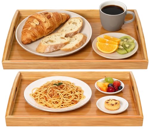 2 Pack Bamboo Serving Tray with Handles, Portable Bed Tray for Breakfast Dinner, Eating Trays for Living Room,Restaurants