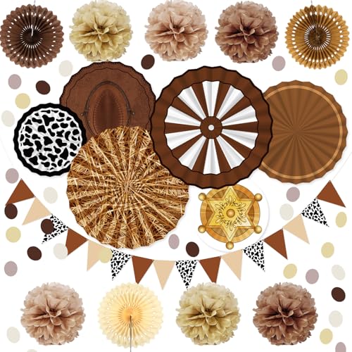 Fullhawl 23 Pcs Western Cowboy Party Decorations Western Party Hanging Paper Fan Pennant Banner Paper Pom Poms West Themed Hanging Decoration for Country Farm Cowboy Theme Wild West Supplies