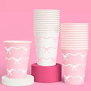 xo, Fetti Pink Bow Paper Cups - 24 Disposable 14 oz | Pastel Birthday Decorations, Tying the Knot Bridal, Girls Baby Shower, Tea Party Bachelorette, Coquette Decor