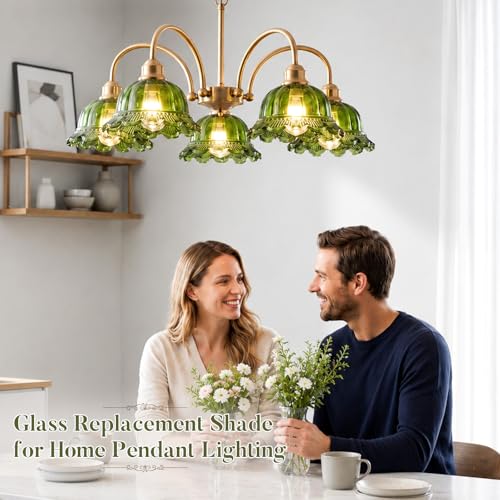 Image of 3 Pack Green Glass Lamp Shade Replacement, 7.87 inch Vintage Flower Art Blown Glass Lampshades E26 Base 1.65 inch Top Flower Shape Light Covers for Pendant Light, Wall Sconce, Floor, Table Lamps