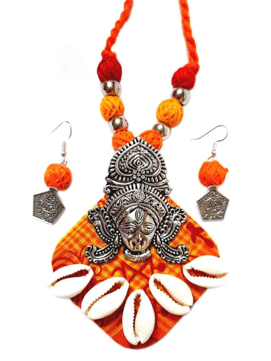 German Silver Oxidized Maa Durga Dokra Pendant Necklace set Cowrie Orange Color Thread boll & Square Shape Big Size Necklace With Earrings for Women and Girls (B0BDQYSSQX) Amazon Price History, Amazon Price Tracker