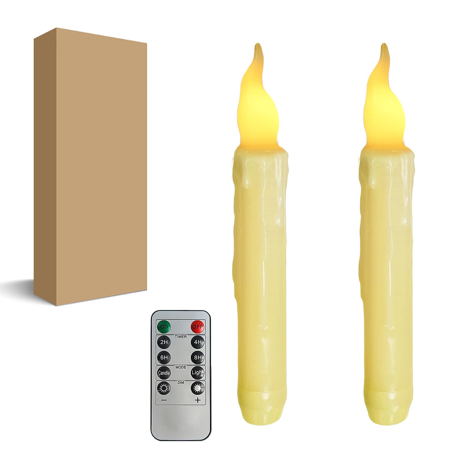 Yellow Flameless Short Taper Candles, Real Wax Hand Dipped LED Battery Operated with Remote, Flickering Flame Lights for Party Home Décor, 6.7 Inch Primitive Flameless Candles, 2PCS