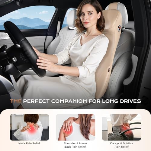 Image of Coverado Car Seat Cushion and Integrated Neck Pillow Lumbar Support Kit, Ergonomic Lumbar Support Pillow for Car, Soft Leather Memory Foam Car Seat Cushion for Sciatica & Back Pain Relief, Beige