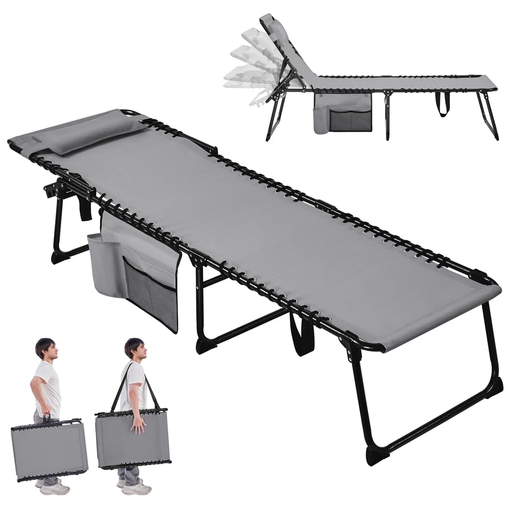 Yaheetech Cama de Camping Plegable con Cojín y Bolsillo Lateral Respaldo | Ajustable en 5 Posiciones, Tumbona Plegable hasta 120kg para Interior Exterior y Viajes, 189x57x38 cm, Gris