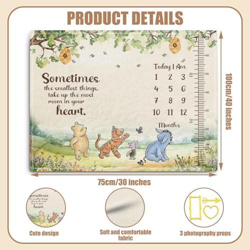 Image of the Pooh Baby Monthly Milestone Blanket, Winnie Monthly Blanket Growth Chart, Winnie Quotes Decor with Double-Sided Printed Cardstock(16 Unforgettable Moments of Babies) 30 * 40in