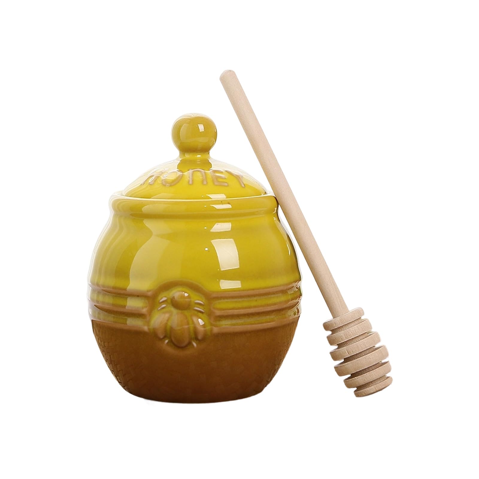 ZEPFJHE Ceramic Honeys Storage Jar with Wooden Dipper for Kitchen Countertop Decoration and Practical Use Traditional Earthenware Dear Jar