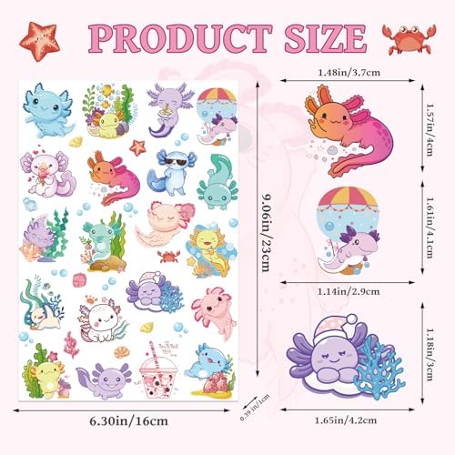 다채로운 Axolotl 임시 타투 스티커, 200개 이상의 Axolotl 생일 장식 파티 선물 용품, 귀여운 파충류 동물 도롱뇽 타투 스티커 상품 보상 선물 — 사진 3