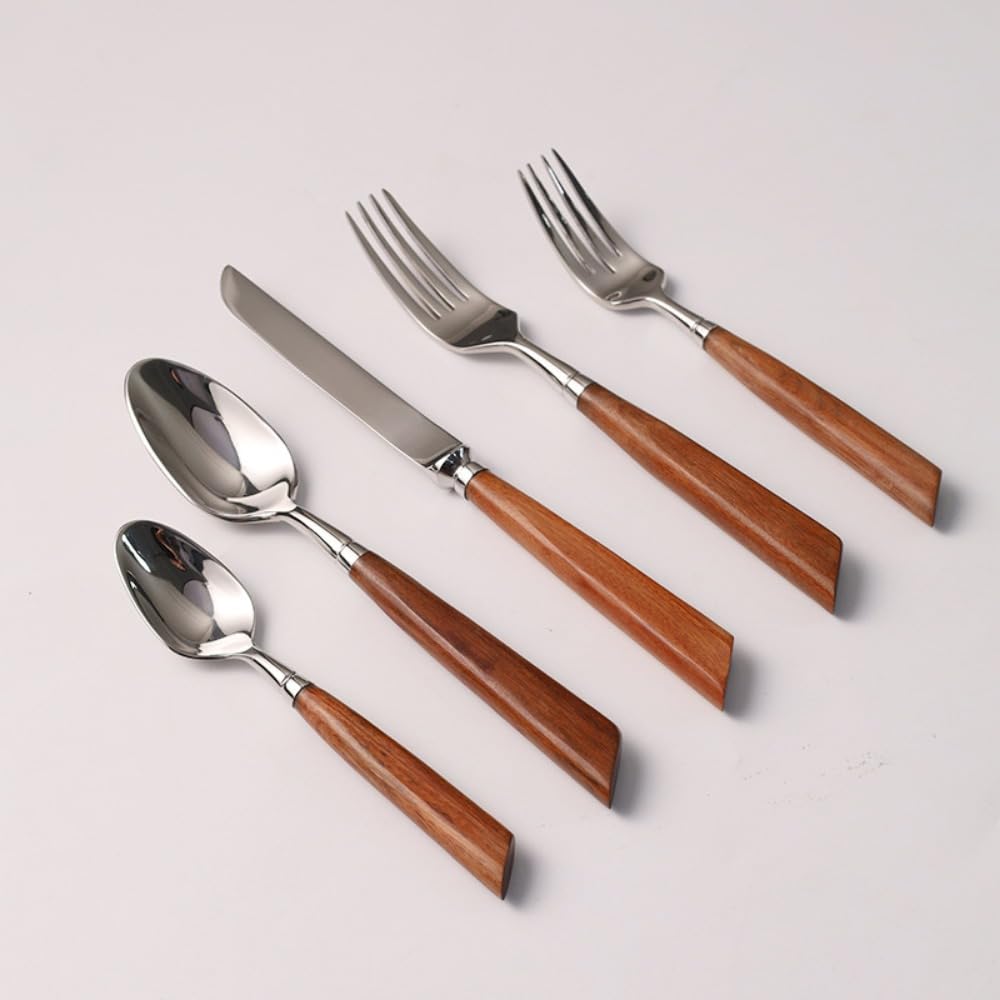 Rosso Cannella Legno Manico Cucina Acciaio Inox Argenteria Stoviglie Posate Set Bistecca Coltello Forchetta Cucchiaio Cucchiaino (Argento,5 pezzi)