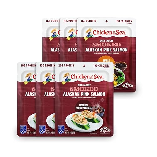 Chicken of the Sea Smoked Flavor Alaskan Pink Salmon in Water, 3 oz. Salmon Packet, 6-Count – Includes Natural Wood Smoked & Maple Smokehouse Flavors - Skinless, Boneless Wild Caught Salmon