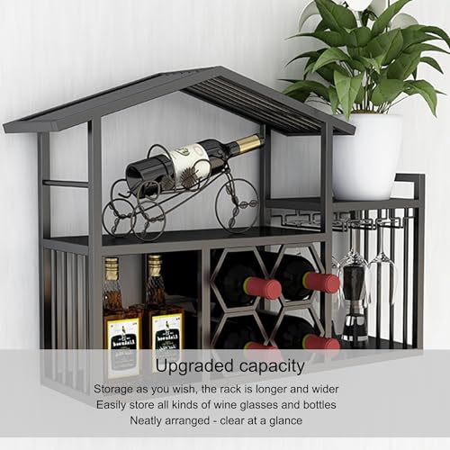 Botellero de metal montado en la pared con luz LED, estantes flotantes para bar y licor con soporte de cristal colgante para el hogar, bar, comedor, cocina, sala de estar
