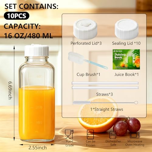 Image of Ruckae 16oz 10 Pack Glass Juice Bottles with Lids - Reusable Square Glass Juice Bottles with Leak-Proof Lid & Capacity Marks for Containers Juice,Milk,Smoothies
