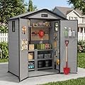WUKHG 6X4 FT Plastic Storage Shed with Floor, Resin Storage Shed with Drainage Channel & Lockable Door, Outdoor Plastic Sheds Suitable for Bikes, Furniture, Gardening Tools