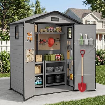 WUKHG 6X4 FT Plastic Storage Shed with Floor, Resin Storage Shed with Drainage Channel & Lockable Door, Outdoor Plastic Sheds Suitable for Bikes, Furniture, Gardening Tools