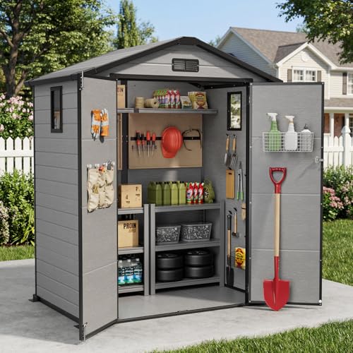 Image of 6X4FT Plastic Storage Shed with Floor, Resin Storage Shed with Drainage Channel & Lockable Door, Outdoor Plastic Sheds Suitable for Bikes, Furniture, Gardening Tools