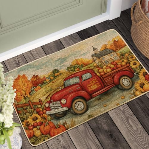 Tapete de cosecha de otoño, tapete frontal antideslizante y absorbente de polvo, fácil de limpiar, 73 x 43 cm, diseño de camión rojo