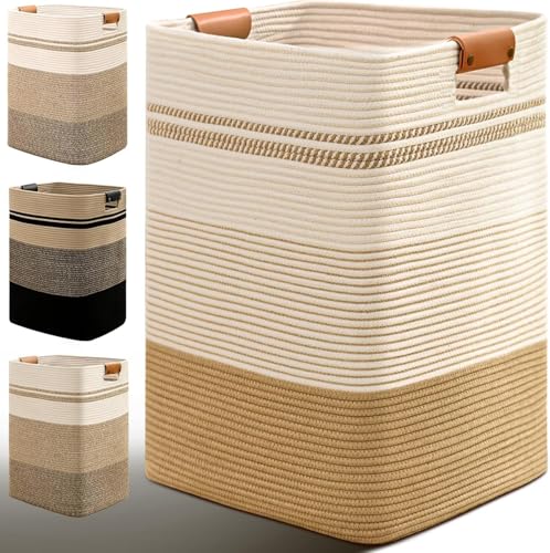 Image of Laundry Hamper, 95L Tall Laundry Basket with Leather Handles, Rectangle Large Clothes Hamper for Organizing, Cotton Woven Laundry Baskets Storage Hampers for Bedroom, Nursery, Living Room