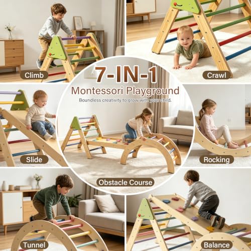 Image of Foldable Pikler Triangle Climbing Set Wooden 7 in 1 Montessori Climber Toys for Toddlers 1-3 Baby Jungle Gym Indoor Slide Playground with Ramp & Arch & Ladder Large Kids Activity Center Boy Girl Gift