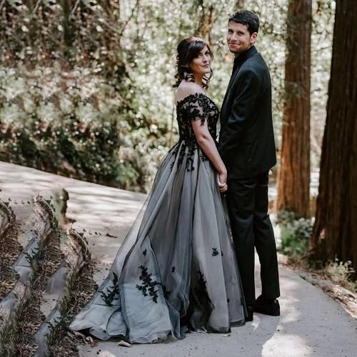 Ftupza Gothic Black Wedding Dresses for Bride V-Neck Lace Applique Off Shoulder Wedding Gown Tulle A-line Elegant Prom Gowns4