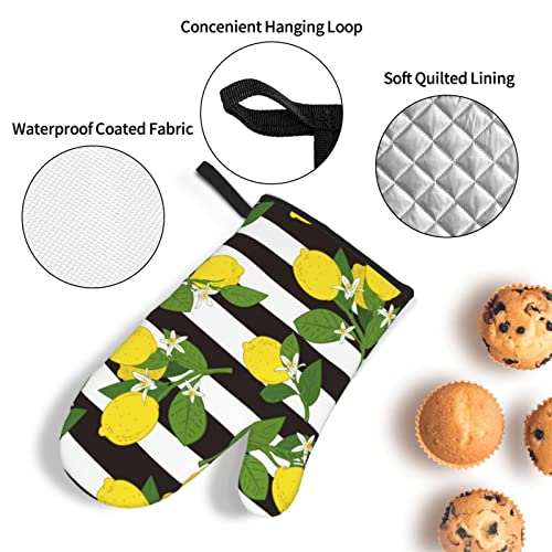 Lemon Oven Mitts And Pot Holders Sets Of 4 High Heat Resistant Green Floral Pattern Lemon Fruits Flowers Oven Mitts With Oven Gloves And Hot Pads Potholders For Kitchen Bbq Non-Slip Cooking Mitts #TOP4