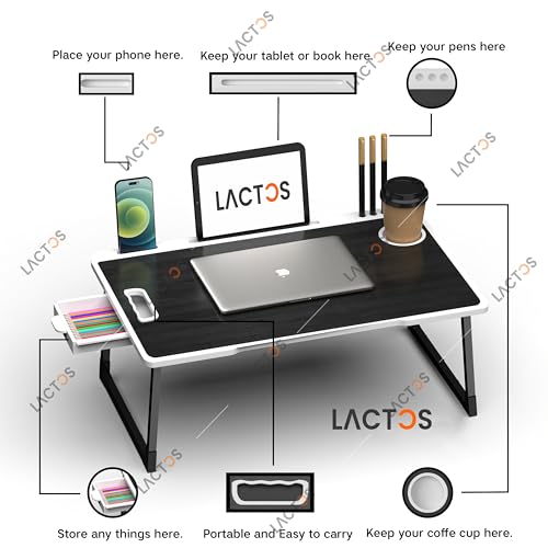 Image of Foldable Wooden Mini Laptop Table for Bed, Study Table with Drawer, Tablet /Mobile Holder for Kids & Adults->> (WC-Black)