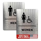 GDS - Set di cartelli da bagno per disabili per sedia a rotelle da uomo e donna, conforme a Braille, icone rialzate, in alluminio spazzolato, 15,2 x 20,3 cm, facile da installare con strisce adesive