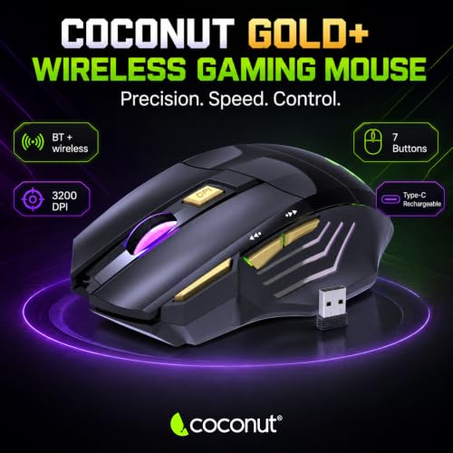 Image of coconut Gold+ Wireless Gaming Mouse Rechargeable, Bluetooth + 2.4GHz Dual Mode Multi Device Mouse, 3200 DPI, RGB LED Gaming Mouse with 7 Buttons & Fire Button, Ergonomic Mouse for Laptop PC Computer