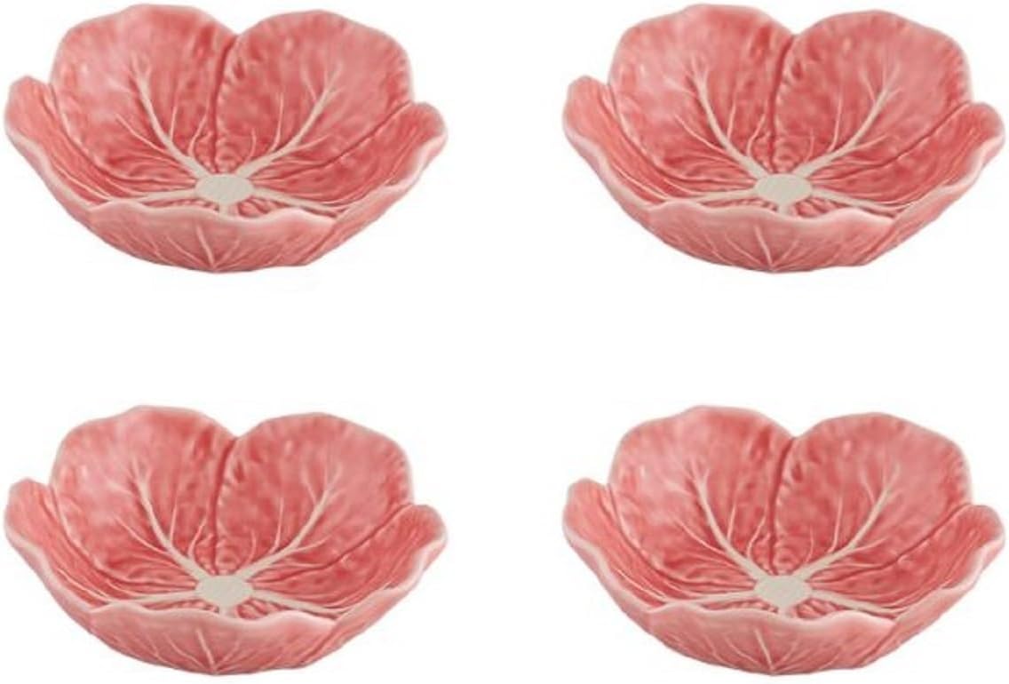 Bordallo Pinheiro Cabbage Bowl Set of 4 Small Pink Leaf Motif Earthenware Dishes – Handcrafted Portuguese Tableware Serving Bowl Centerpiece for Appetizers, Snacks, Sides, or Desserts 4.7"D
