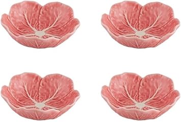 Bordallo Pinheiro Cabbage Bowl Set of 4 Small Pink Leaf Motif Earthenware Dishes   Handcrafted Portuguese Tableware Serving Bowl Centerpiece for Appetizers, Snacks, Sides, or Desserts 4.7" D