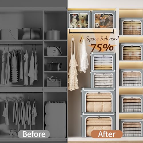 Image of Yecaye Clothes Storage Bins with Metal Frame, Foldable Clothing Storage Bin with Lid, Stackable Oxford Fabric Organizer Box With Clear Window & Zippers & PU Leather Handles (6 Pack,Grey,40L)