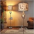 Antlers Style Metal Tray Floor Lamp with Night Light Rustic Standing Lamp with Linen Fabric Shade Farmhouse Vintage Floor Lamp Decor for Living Room Bedroom House Home Office (Bulb Included)