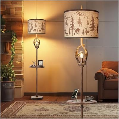 Antlers Style Metal Tray Floor Lamp with Night Light Rustic Standing Lamp with Linen Fabric Shade Farmhouse Vintage Floor Lamp Decor for Living Room Bedroom House Home Office (Bulb Included)