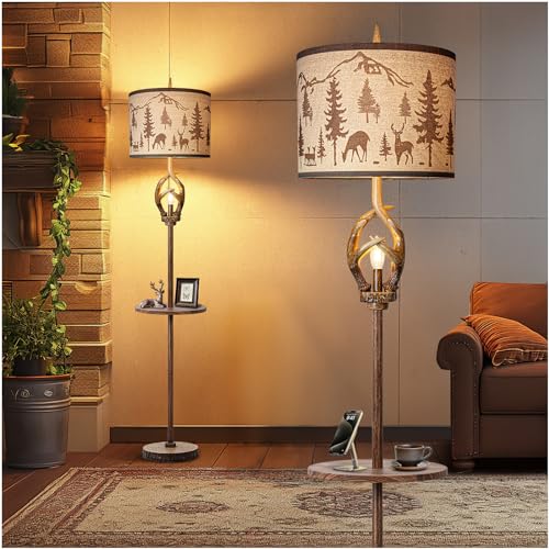 Image of Scenekoy Antlers Style Metal Tray Floor Lamp with Night Light Rustic Standing Lamp with Linen Fabric Shade Farmhouse Vintage Floor Lamp Decor for Living Room Bedroom House Home Office (Bulb Included)
