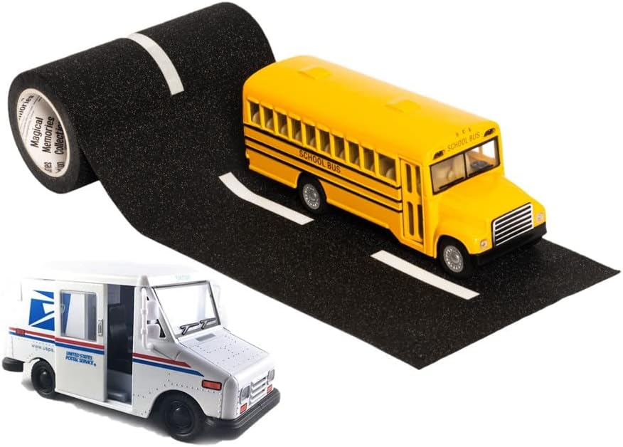 Juego de regalo de camiones de juguete de cinta de carretera y fundidos  Cinta de carretera reutilizable, realista, autobús escolar y camión de